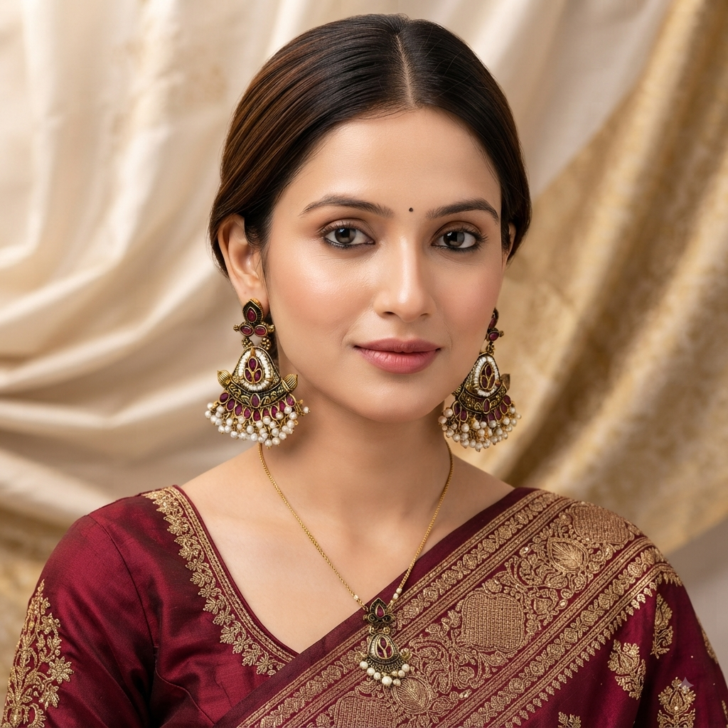 Regal Ruby Pearl Chandbali Earrings