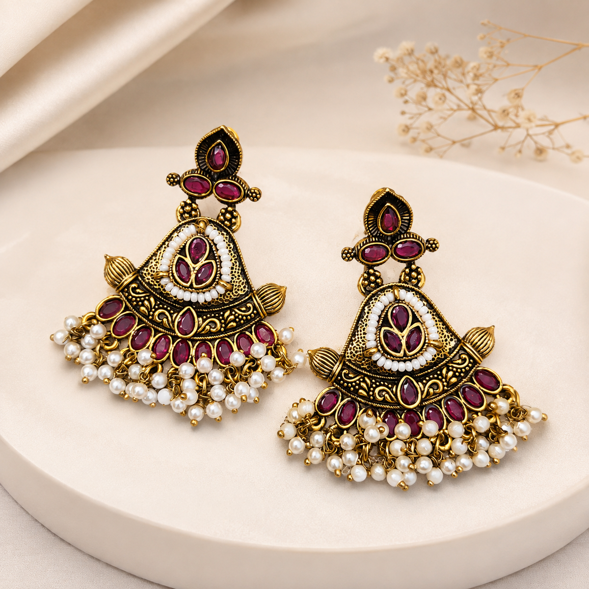 Regal Ruby Pearl Chandbali Earrings