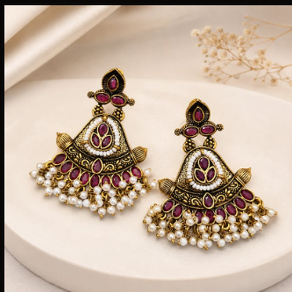 Regal Ruby Pearl Chandbali Earrings